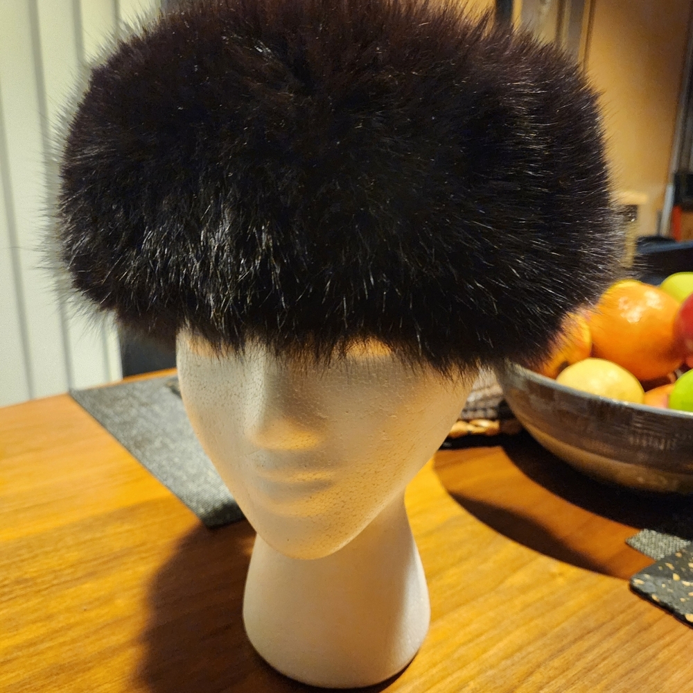 Genuine black fox fur headband hat